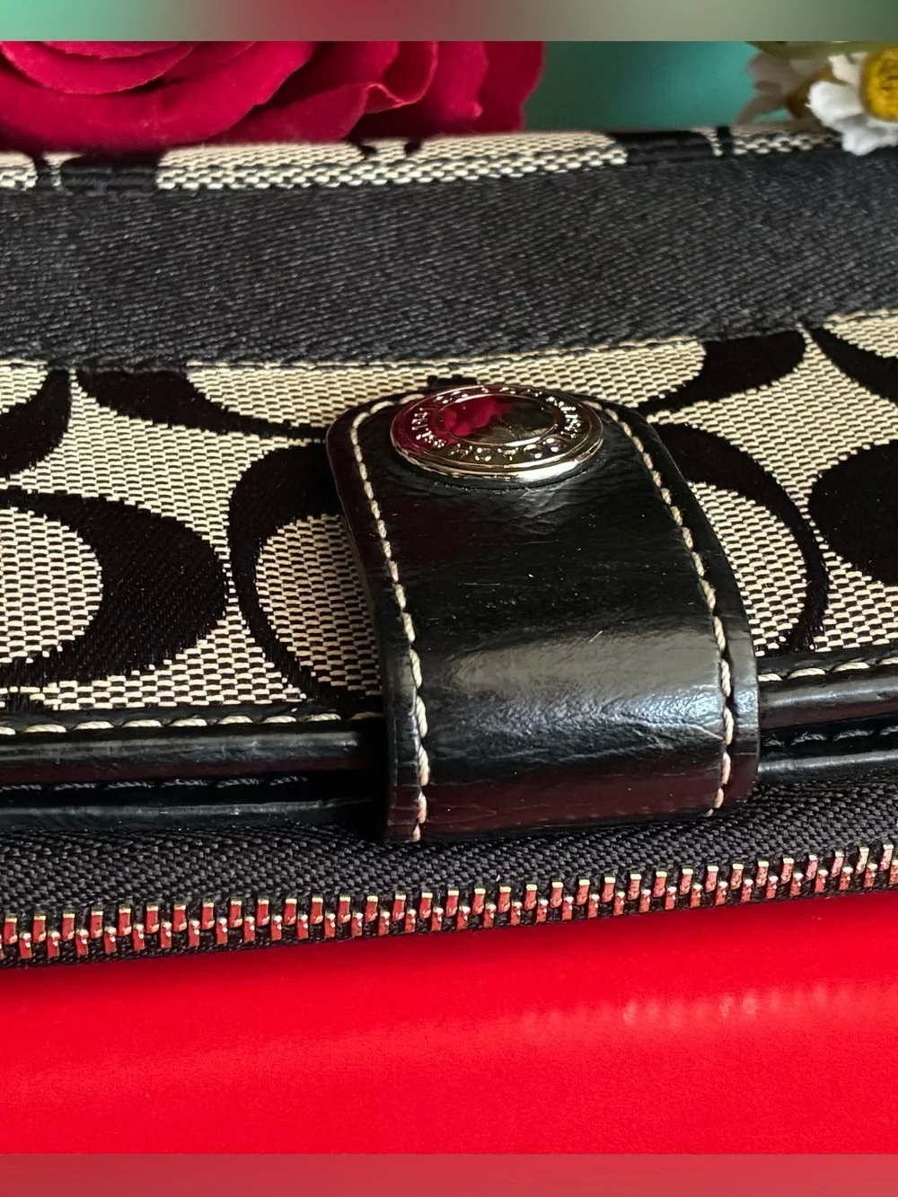 Coach Black and Cream Signature Snap Wallet